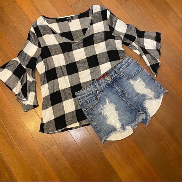 AnA Buffalo Plaid Small Flutter Sleeve Flannel - Picture 2 of 8